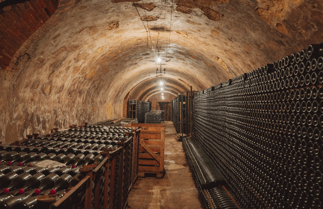 Galerie voûtée de nos caves crayeuses, bouteilles rangées de part et d’autre